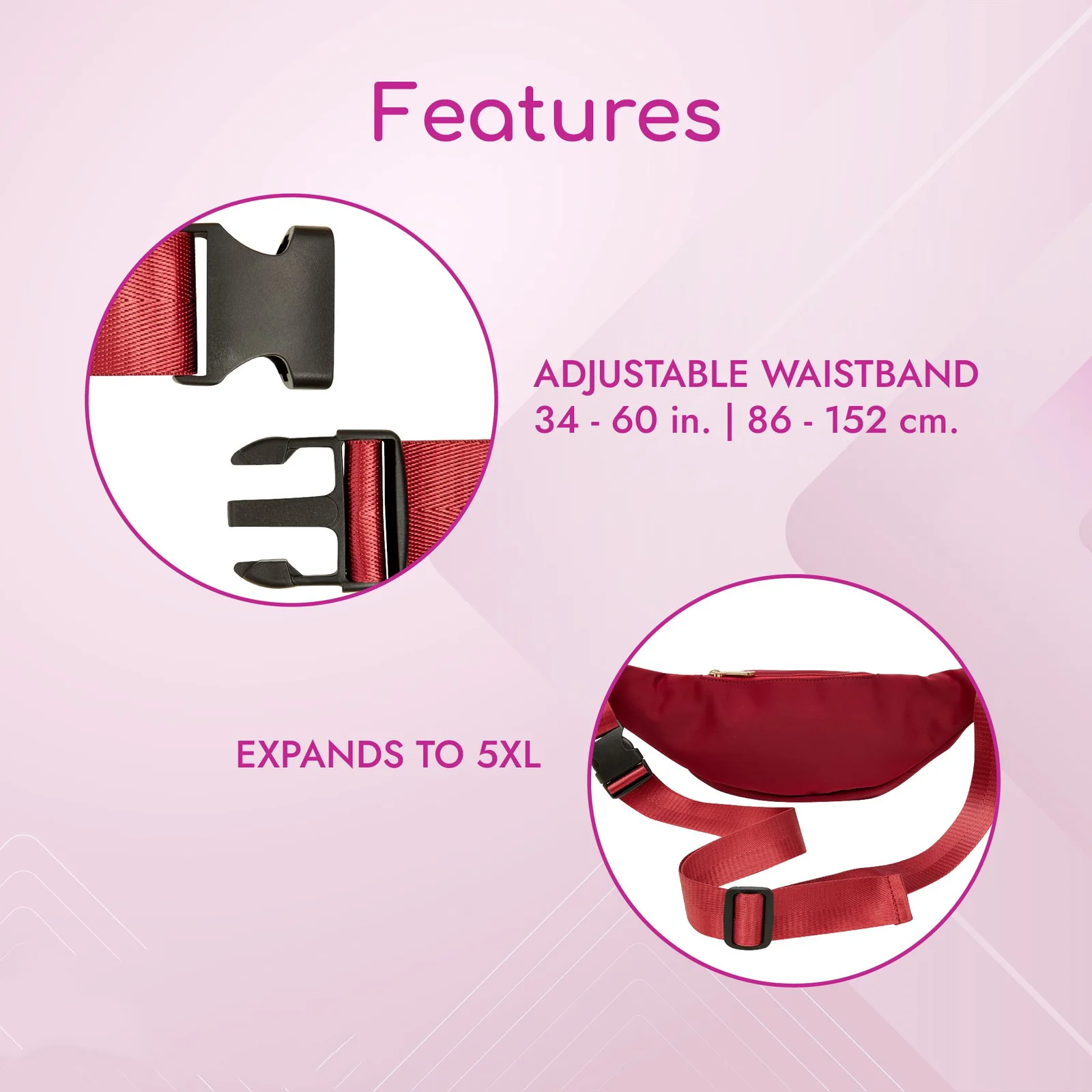 Red Nylon Plus Size Fanny Pack  Women, Traveling Belt Bag Pouch with Adjustable Waist Strap (34”-60”, Expands to 5XL)