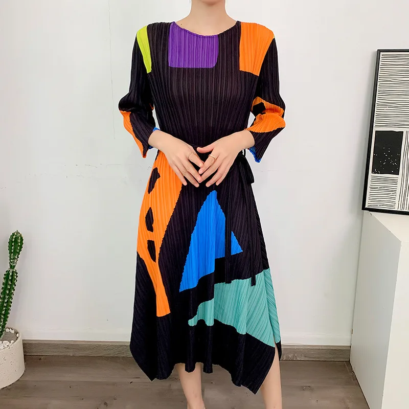 

SuperAen Pleated Dress Women's Spring Summer 2023 New Oversize Loose Pleated Print Half-sleeve Summer Dress