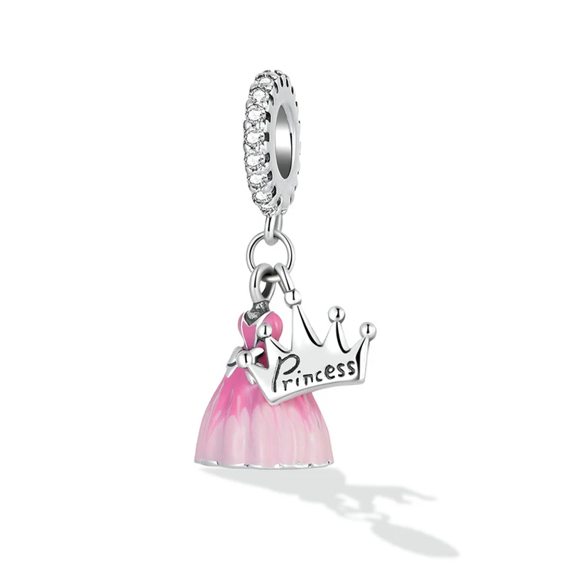 

Fit Pandora Disney Crown Princess Dress Charms For Bracelet Women Jewelry Accessories Girls Bangle DIY Pink Enamel Skirt Pendant