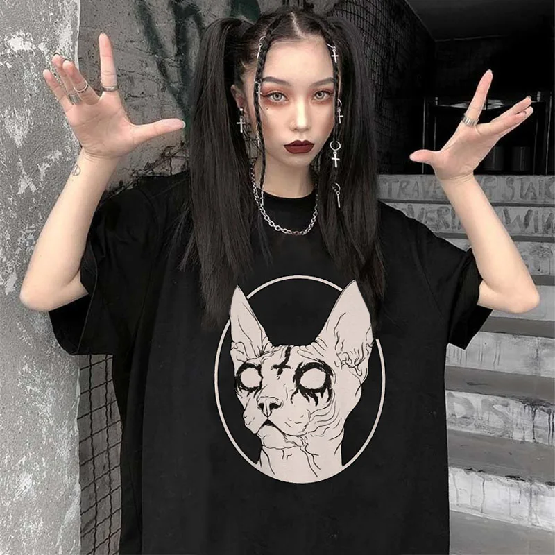 Gothic Death Metal Sphynx Cat T-Shirt Black Metal Harajuku TShirt female summer tshirt Hipster tops Sphynx Cat Graphic Tee