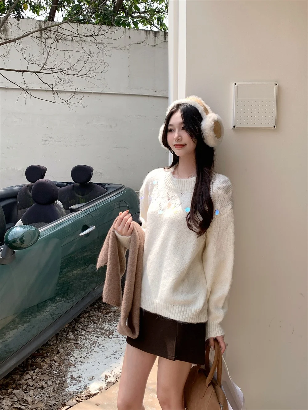 Большие размеры нежный корейский свободный утягивающий вязаный топ для полных