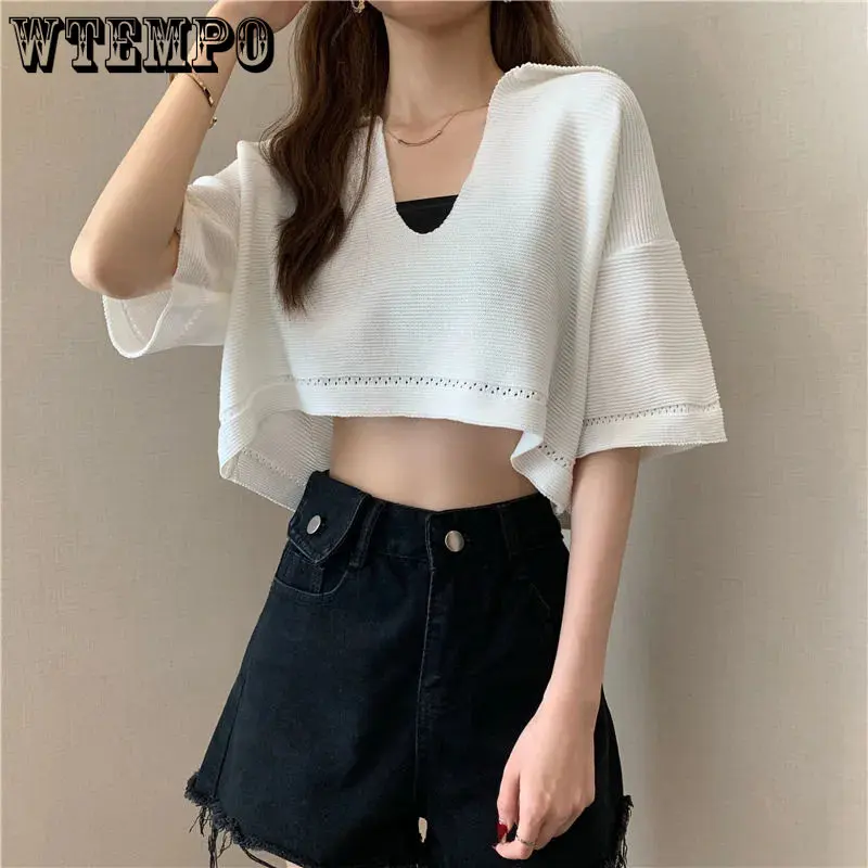 

WTEMPO Sexy Cropped T-Shirts Women Summer Fashion Cute Short Tops Girls Korean Harajuku Y2K New Loose Thin Pullovers Wholesale
