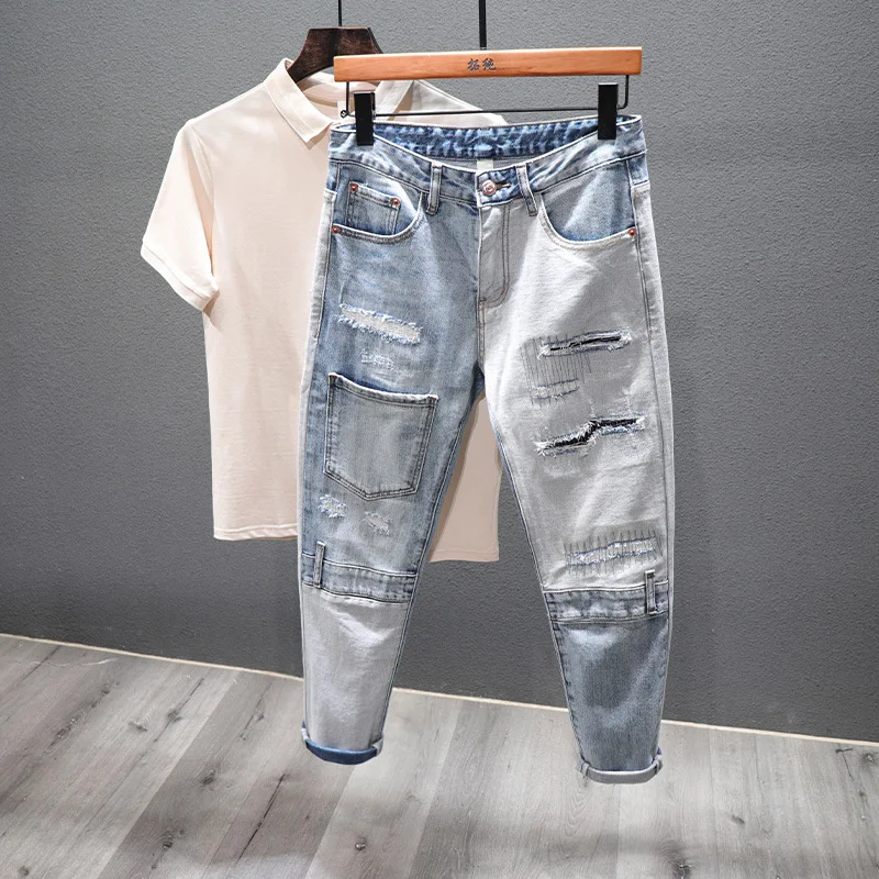 

Streetwear Designer Men Ripped Jeans Personality Patchwork Pocket Korean Ripped Hole Stitching Denim Trousers Male Hip Hop