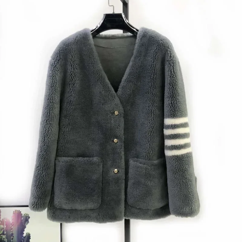 Женская короткая куртка из натуральной шерсти Повседневная теплая с V-образным
