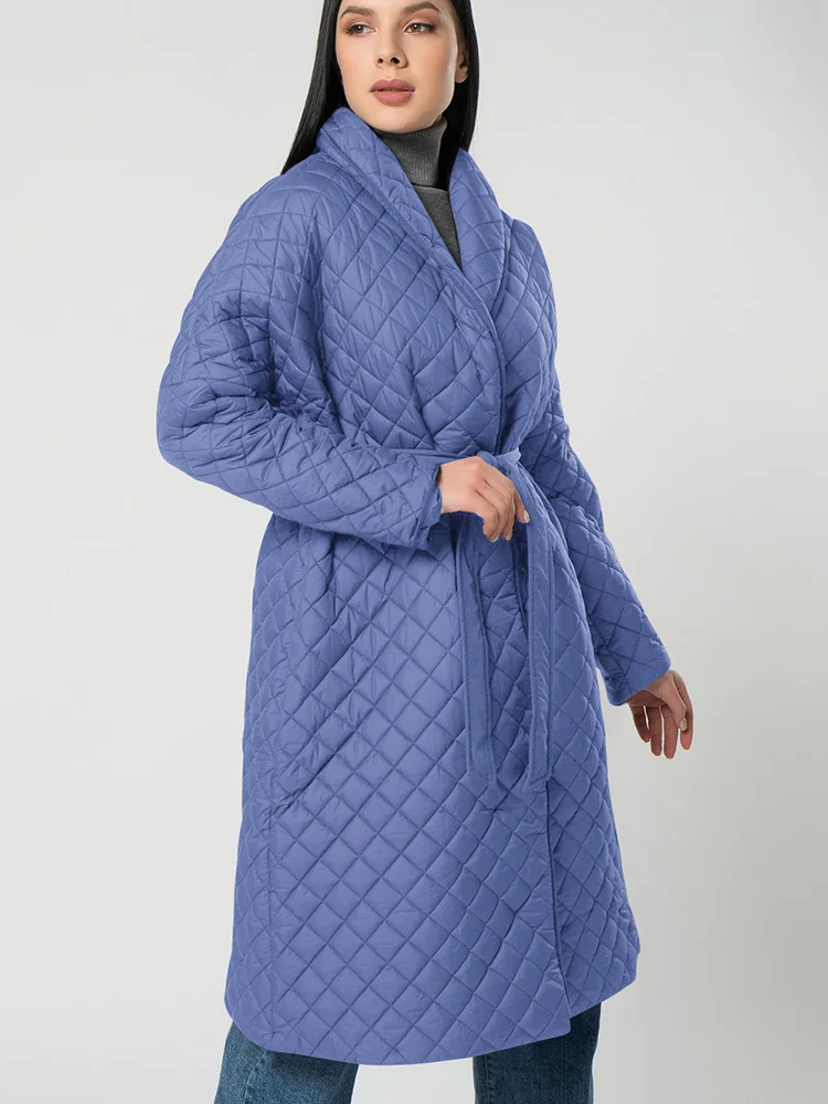 Winter Fashion Oversized Army Green Argyle Long Parkas with Belt 2022 Winter Women's Casual Loose Black Coat Ladies Blue Outwear