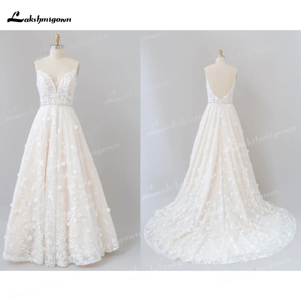 

Boho Wedding Dress with Rhinestone belt Spaghetti Straps Long ball gown skirt Lace 3d Lace Tulle vestidos de fiesta