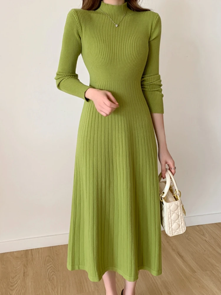 

Autumn Winter Sexy Slim Long Sleeve Party Midi Dress for Women Knitted Half High Collar Elegant Knitted Sweater Dresses Ladies