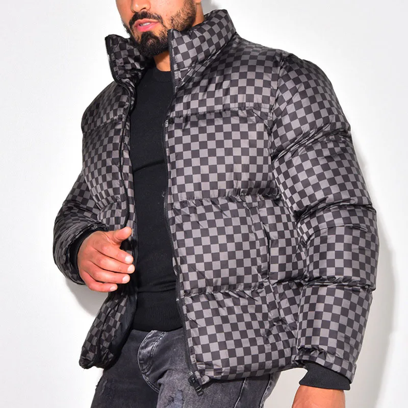 Autumn Winter Men Plaid Print Outerwear Casual Long Sleeve Solid Down Jackets 2022 Fashion Men Stand Collar Zipper Cotton Coats