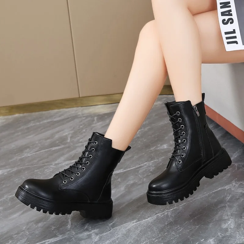 Women's Boots Lace-up Platform Ankle Boots Women Fashion Black Boots Plus Velvet Warm Snow Boots Winter Short Boots Women