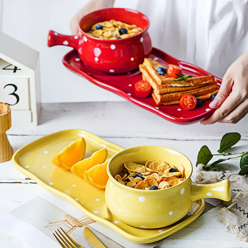 

Миска с керамической ручкой в горошек, 540 мл, с подносом для хлеба, фруктов, для завтрака, молока, йогурта, хлопьев, лапши, набор посуды для мик...