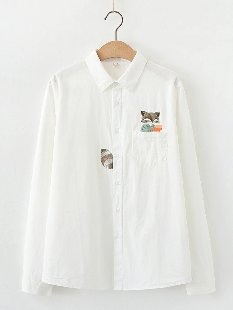 

Zoki Janpan Cute Women White Shirt Spring Fashion Embroidery Long Sleeve Student Blouse Sweet Pocket Lady Tops Casual Clothes