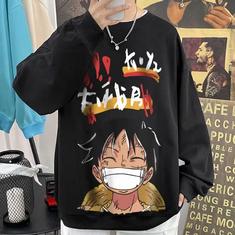 

One Piece Luffy co-branded round neck sweatshirt for men plus velvet to keep warm cartoon student couple