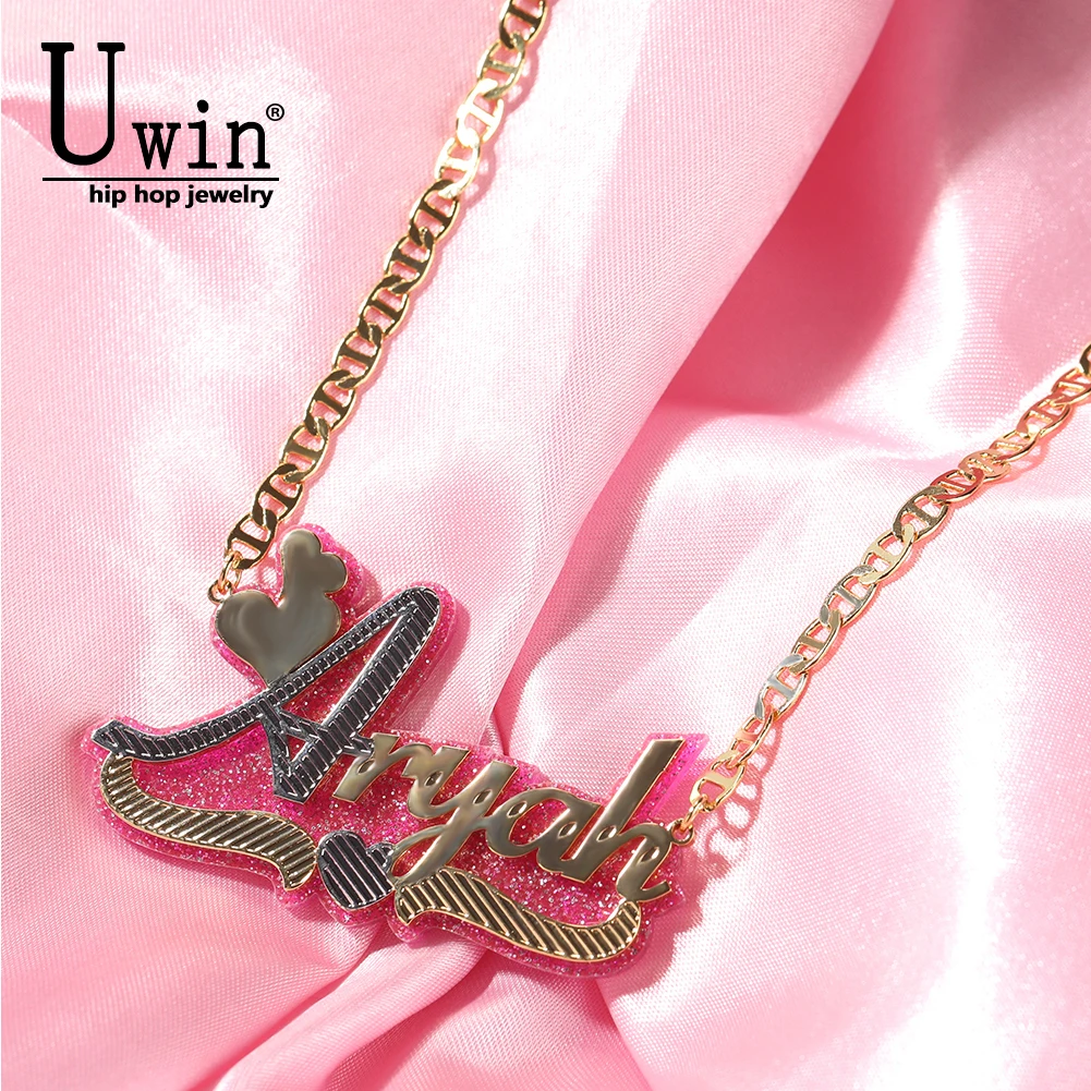 Uwin Glitter Letters Acrylic Personalized Name Necklace Stainless Steel Name Plate Customer Pendants Jewelry Accessories