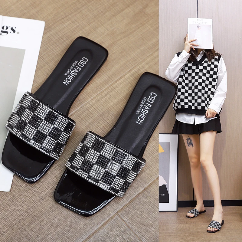 2022 Summer Concise Checkered Women Flat Heels Slippers Luxury Design Rhinestone Slides Flip Flops Woman Mules Shoes Plus Size