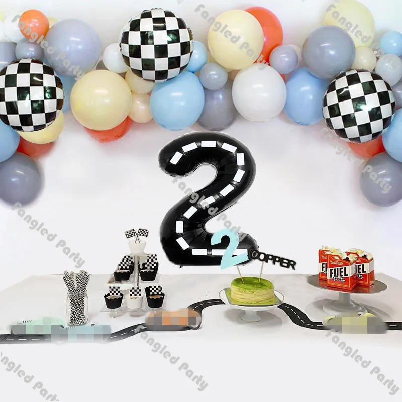 

68pcs Vintage Race Car Balloon Garland Kit Black White Checkered Balloon Matte Grey Racing Car First/2nd Birthday Party Supplies