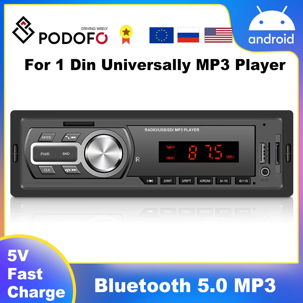 Автомагнитола Podofo 1 DIN 12 В Bluetooth-аудио MP3-плейер USB/SD/AUX-IN с пультом управления |