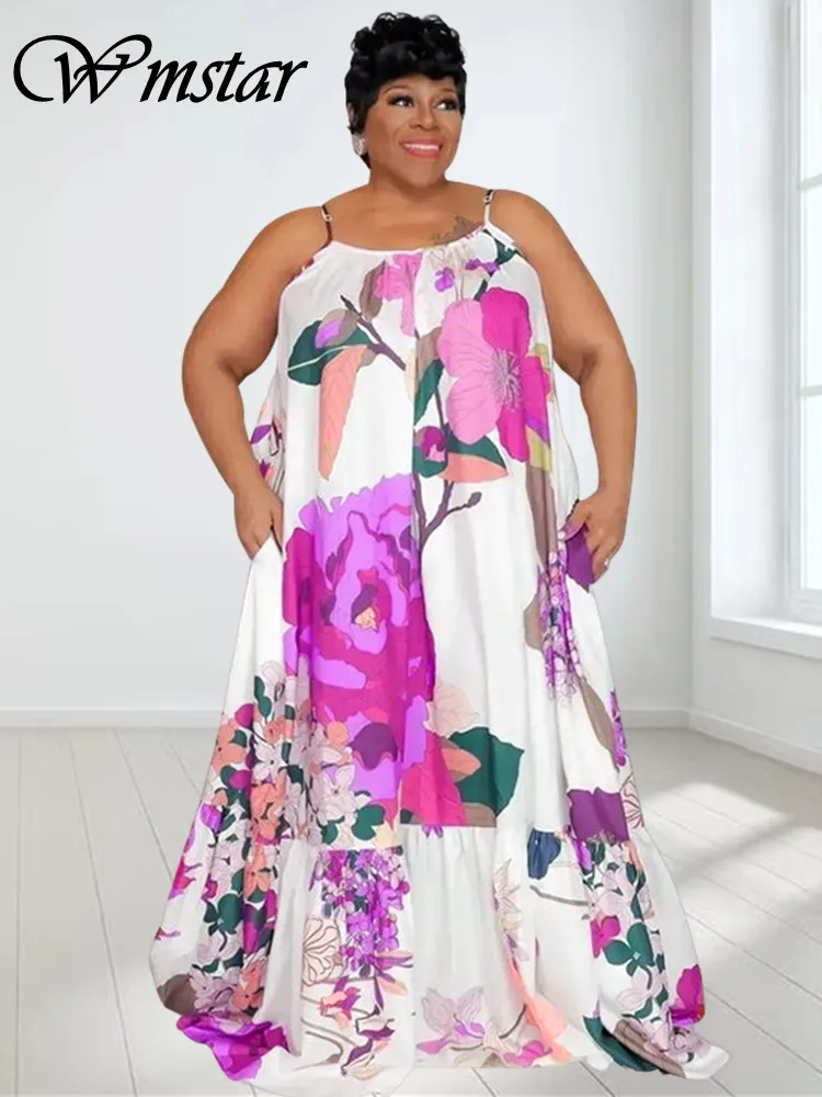 

Wmstar Plus Size Dress Women Summer 2023 Slip Floral Open Back Loose Elegant Holiday Long Dresses Fashion Wholesale Dropshiping