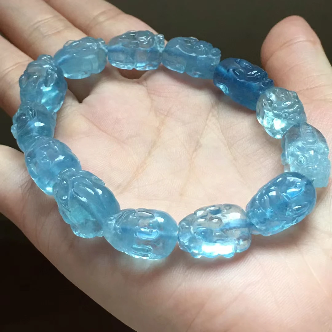 

Natural Blue Aquamarine Quartz Pi Xiu Bracelet 16.11.9mm Clear Round Beads Gemstone Wealthy Stone For Women Men AAAAAAA