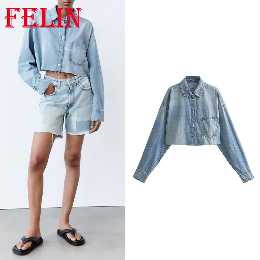 Куртка женская джинсовая однобортная короткая с карманами на осень