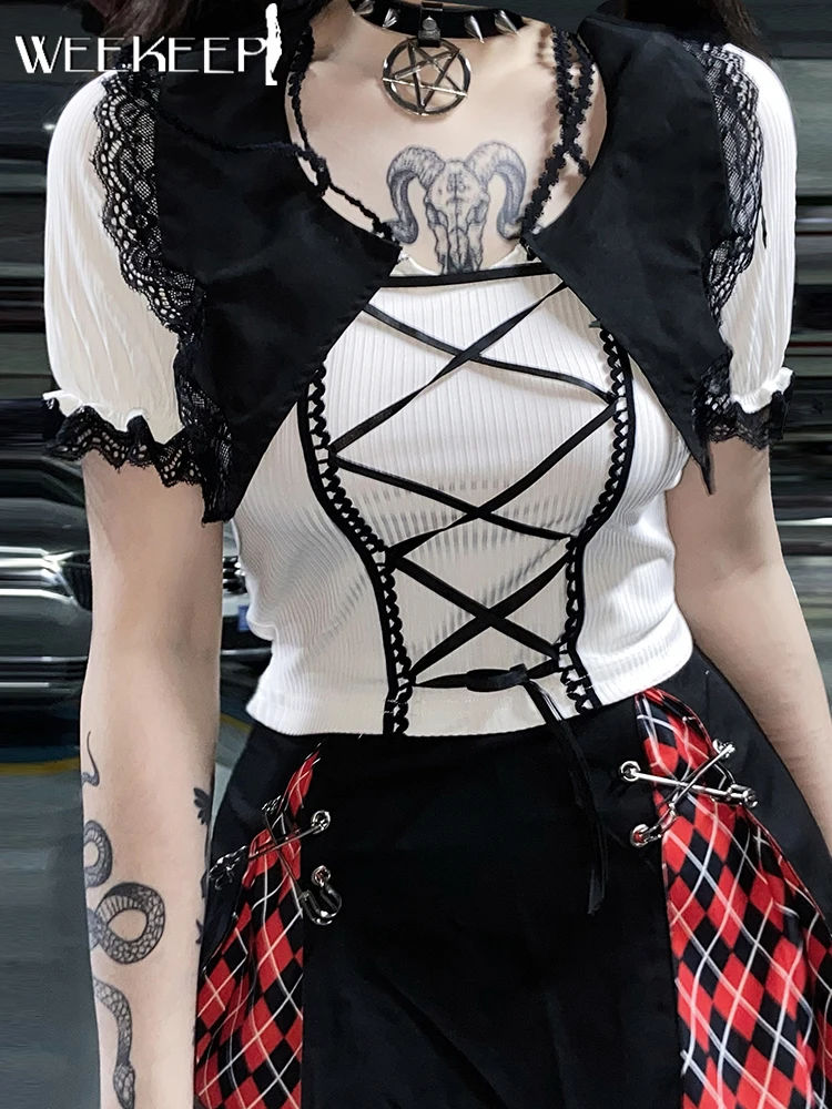 

Weekeep Dark Academia T Shirt Women Lace Edge Short Sleeve Ruffle Crop Top Summer Goth Tee Casual Y2k Basic Streetwear Fairycore