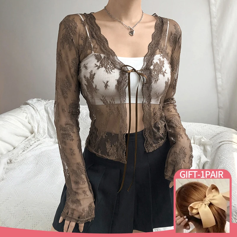 

Женский винтажный Кружевной укороченный топ Y2K, привлекательные сетчатые прозрачные женские футболки с длинным рукавом и V-образным вырезом, милая одежда с цветочным принтом на шнуровке, 2022