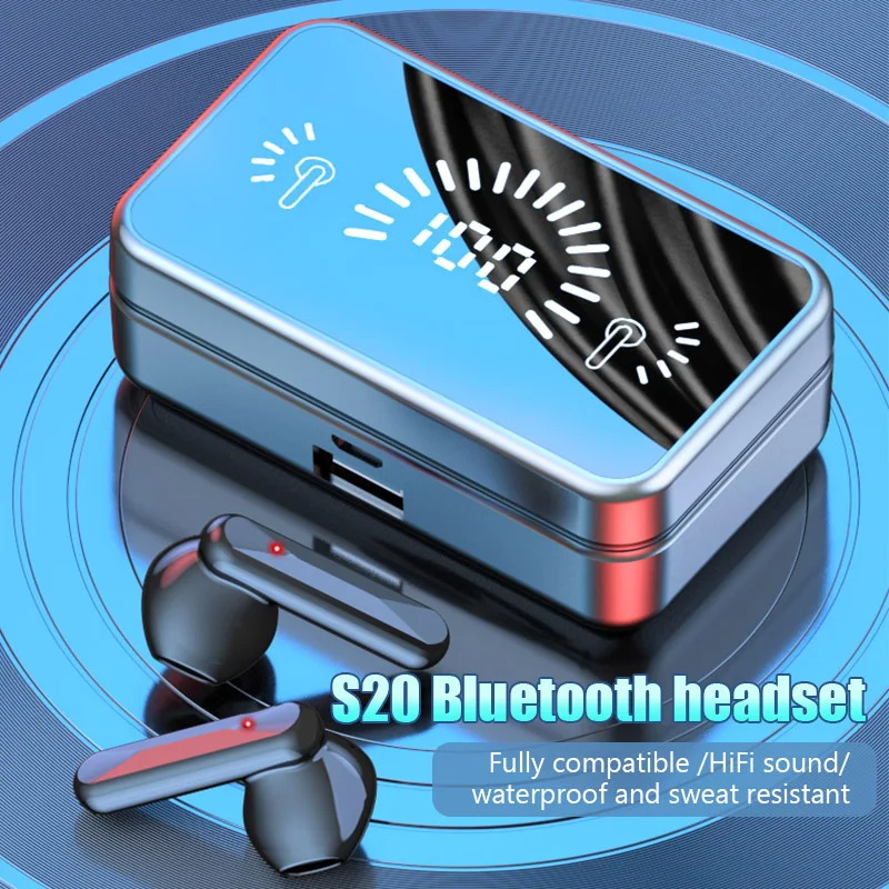 

S20 Wireless Bluetooth Headphones mirror digital screen stereo headset waterproof wireless headphones