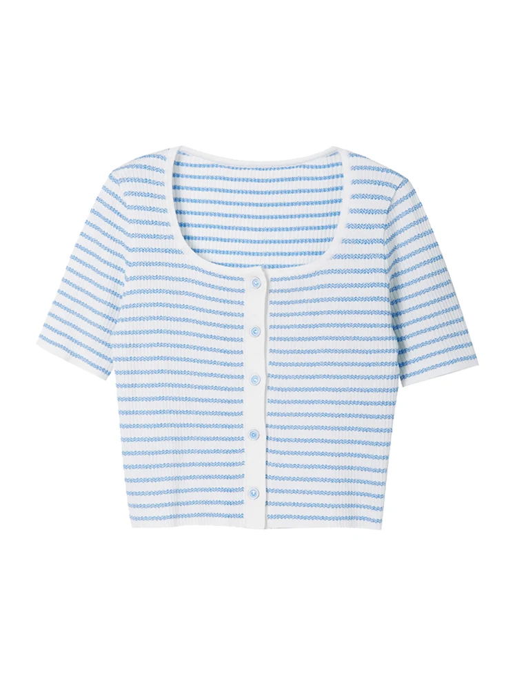 Женский трикотажный кардиган с коротким рукавом в синюю полоску