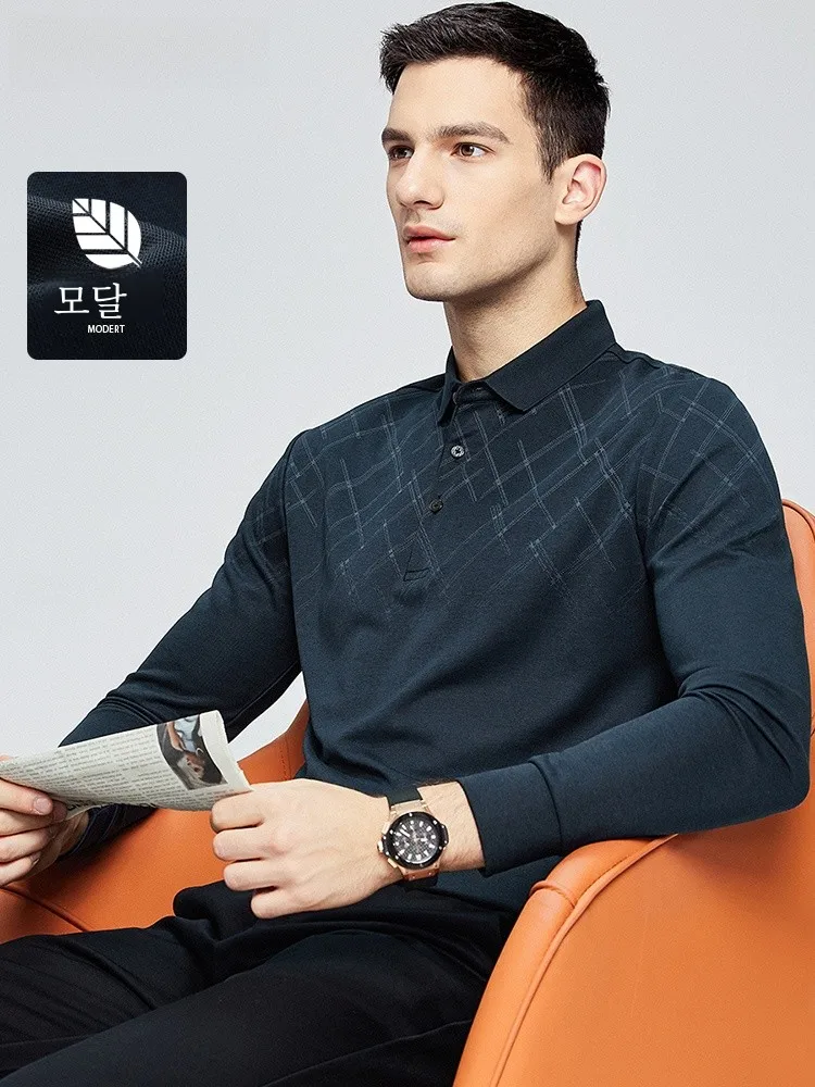 Мужская рубашка-поло с длинным рукавом футболка из модального шелка в полоску