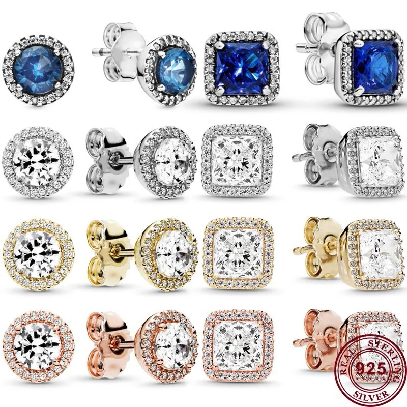 

New Hot 925 Silver Delicate Round And Square Zircon Women's Classic Logo Earrings Wedding High Quality DIY Fashion Charm Jewelry