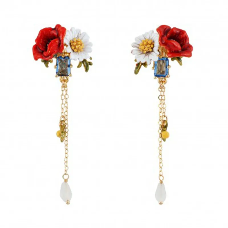 

Red Rose White Daisy Tassel Stud Earrings