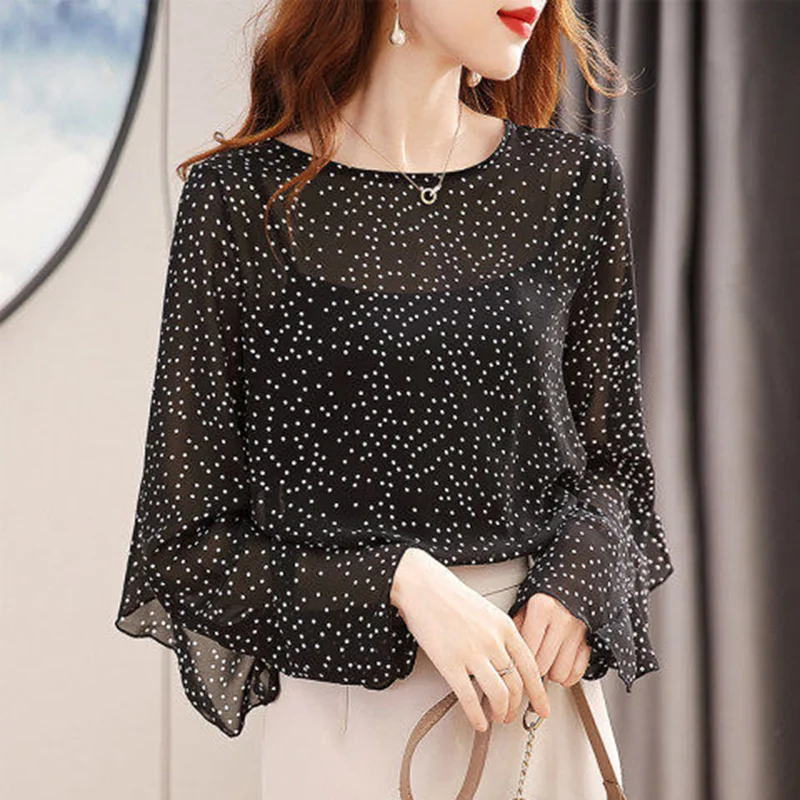 

Vintage Printed Polka Dot Long Sleeve Ruffles Oversized Chiffon Shirt New Casual Pullovers Commute Fashion Woman Blouses 2022