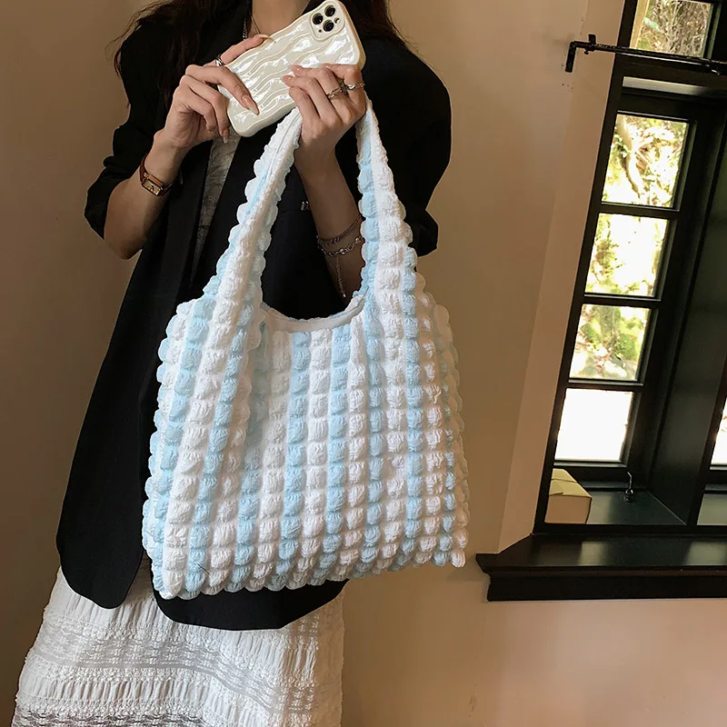 

Women Shoulder Bags Cute Pleated Bubbles Large Capacity Female Vest Underarm Bag Tote Shopping Bag Soft Cloth Fabric Handbags
