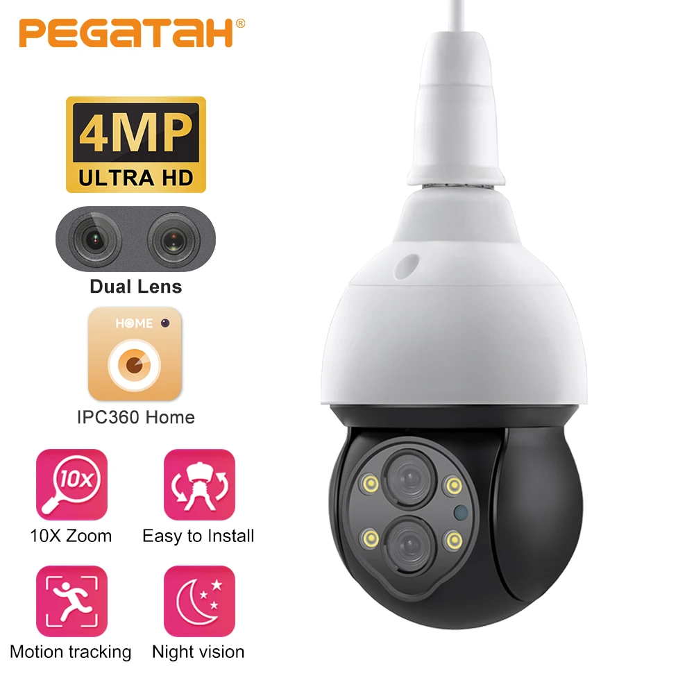 

4-мегапиксельная Wi-Fi камера PEGATAH с 10-кратным увеличением и двойным объективом, камера видеонаблюдения с автослежением, двухстороннее аудио, цветная, с ночным видением, с лампочкой E27, IP-камера