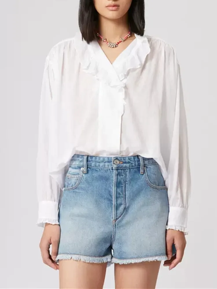 

Женская блузка с оборками на воротнике и рукавами-фонариками, новинка весны 2023, женская элегантная яркая Однотонная рубашка, топы