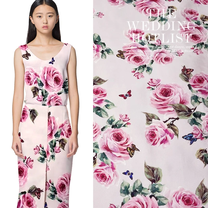 

Pure Silk Fabric Rose Butterfly Digital Print Stretch Heavy Crepe Silks Summer Dress Fabrics Brand Breathable Comfortable Cloth