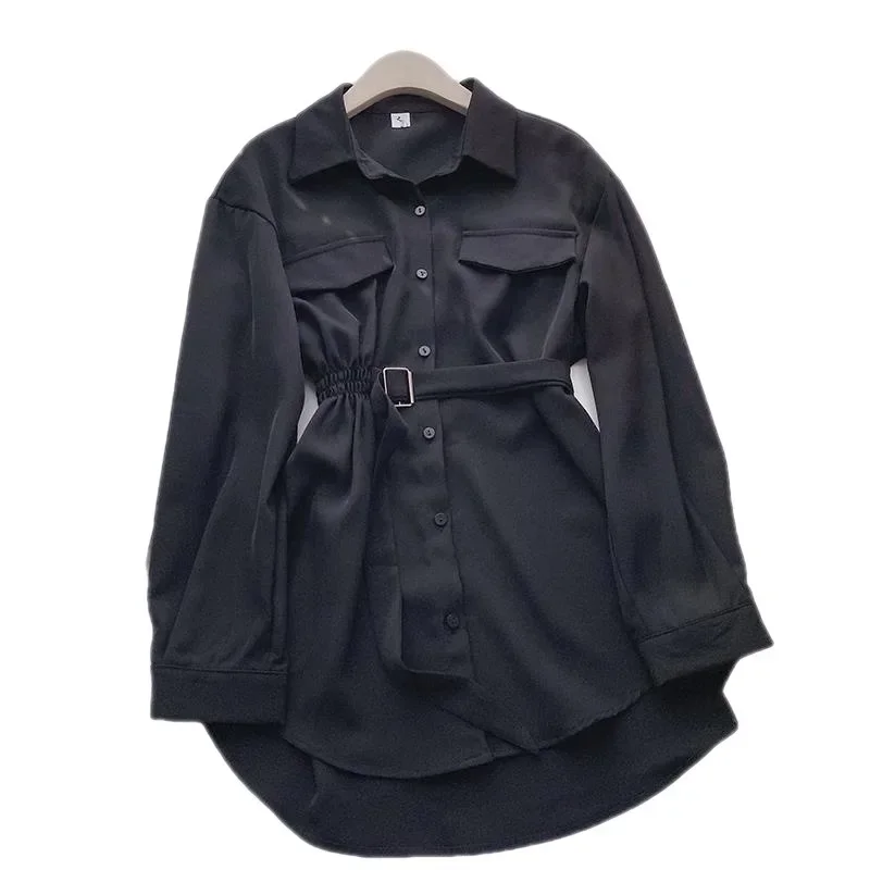 Рубашки женские нежные весенние элегантные однотонные мягкие с поясом