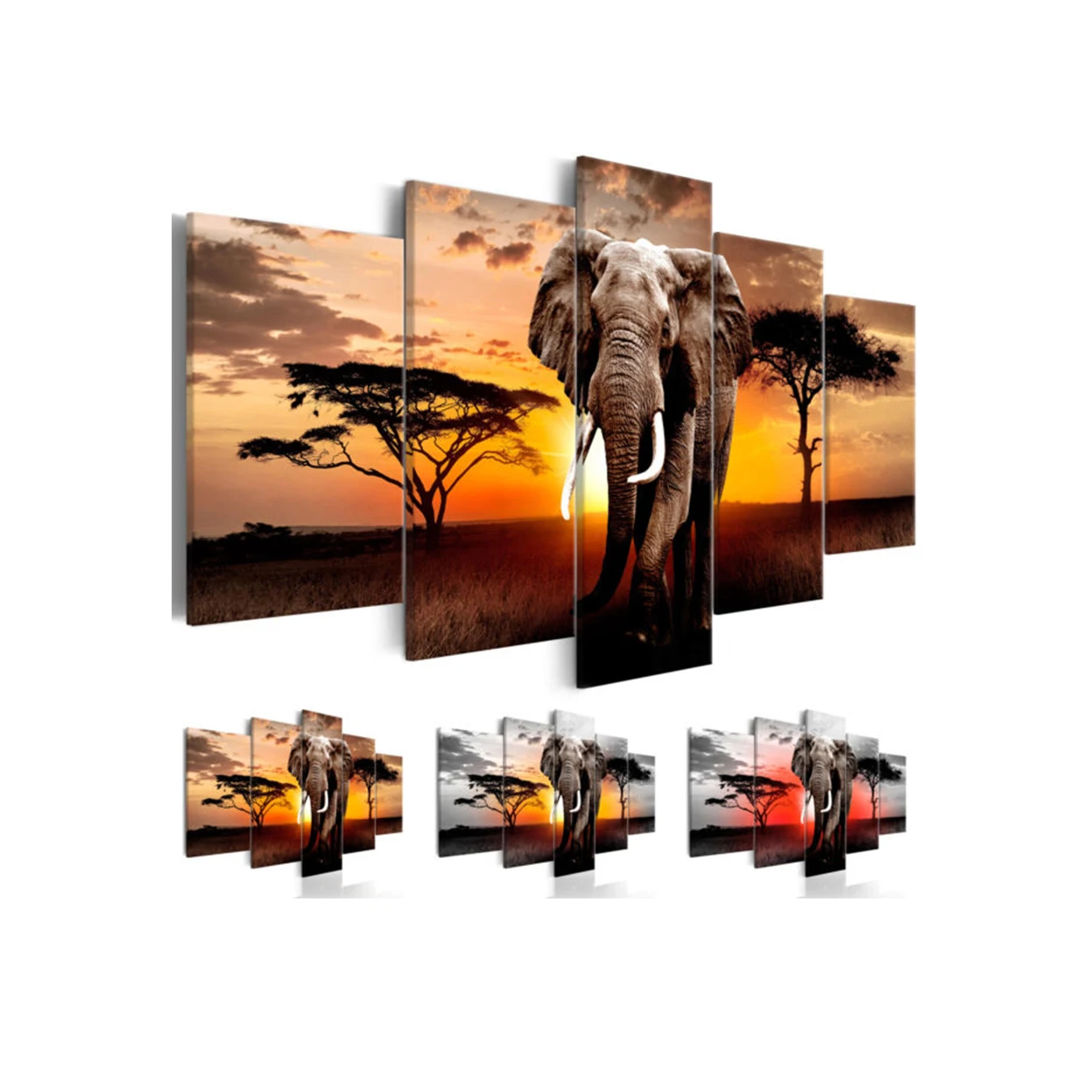 

5Pcs Sunset Elephant Large Landscape Painting Canvas Picture Prints for Home Living Room Decor (Color: Multicolor)