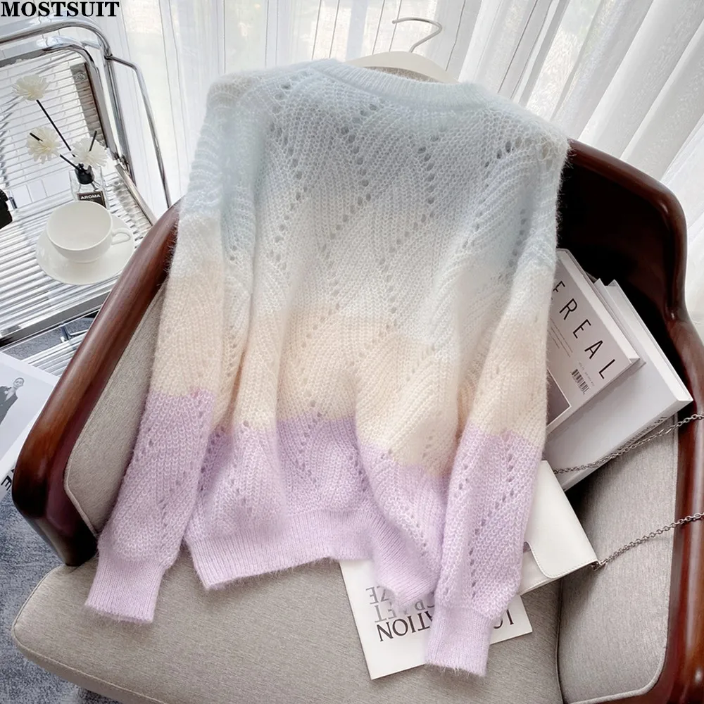 

Gradient Color Hollow Knit Sweater Pullover Women Soft Elegant Fashion Loose Ladies Tops Knitwear Long Sleeve O-neck Jumper 2022