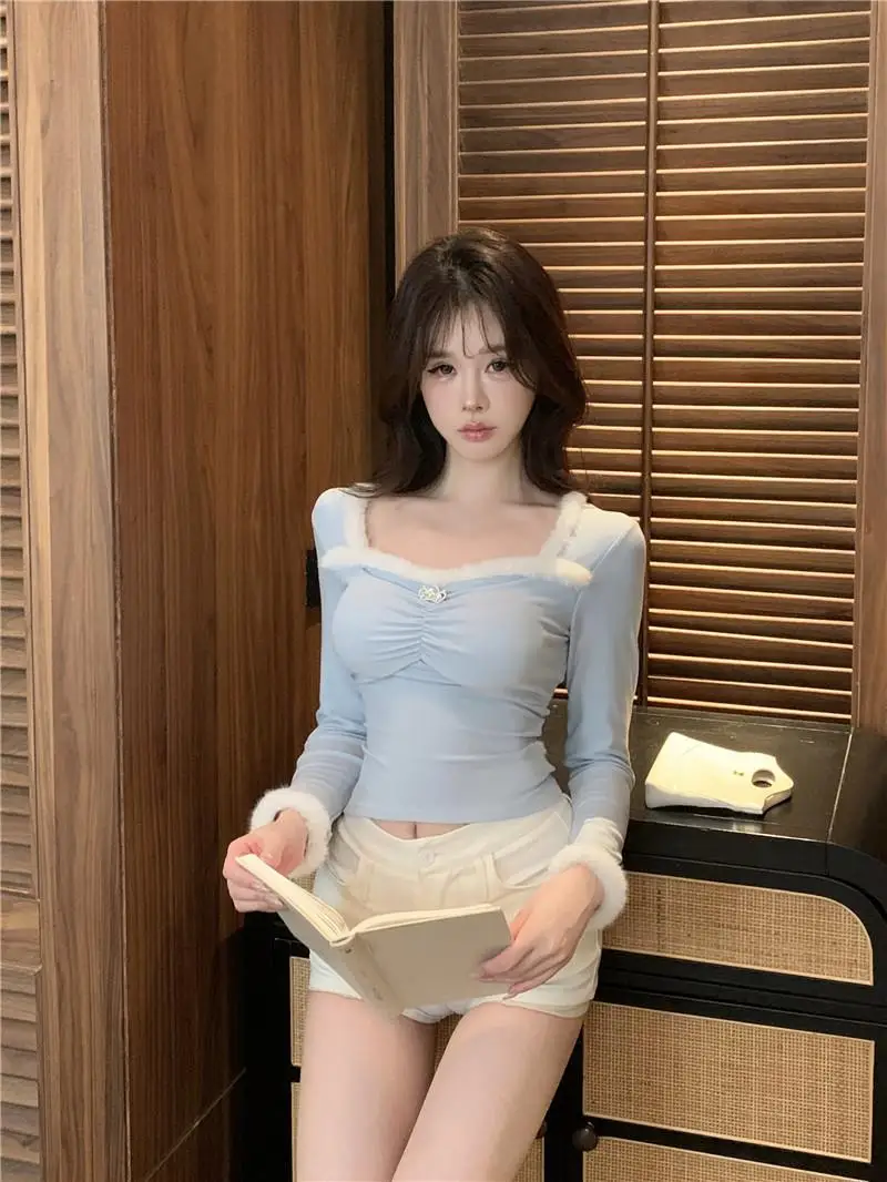 Pure Desire Gyaru Квадратный воротник Рыбья кость Пушистый топ Женский осенне-зимний