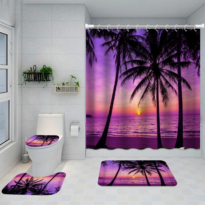 

Waterproof Bath Shower Curtain Sets Toilet Seat Cover Non-Slip Bath Mat Rug Carpet Bathroom Decor Polyester Fabric Washable
