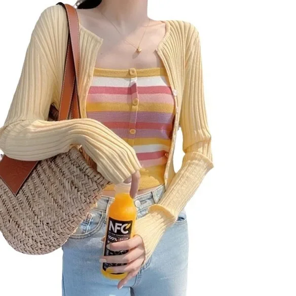 Sexytank Верхняя одежда Женский летний укороченный полосатый вязаный топ с цветными