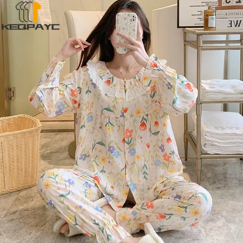 Women's Pajamas New Spring Autumn Long Sleeve Lace Cardigan Thin Sleepwear Women Flower Print Casual Nightwear Clothing Sets