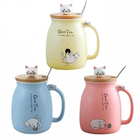 creative cartoon heat resistant color cat mug with lid 450ml kitten cup coffee ceramic mugs kids cup office drinkware gift
