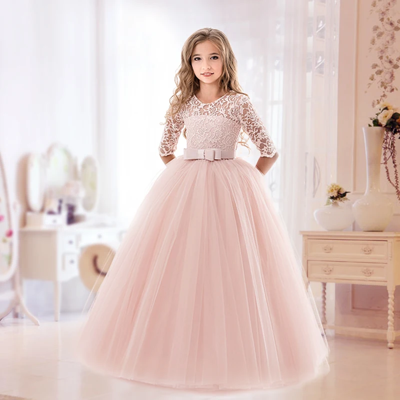

Elegant Princess Lace Dress Kids Flower Embroidery Dresses For Girls Vintage Children Dresses for Christmas Party Red Ball Gown