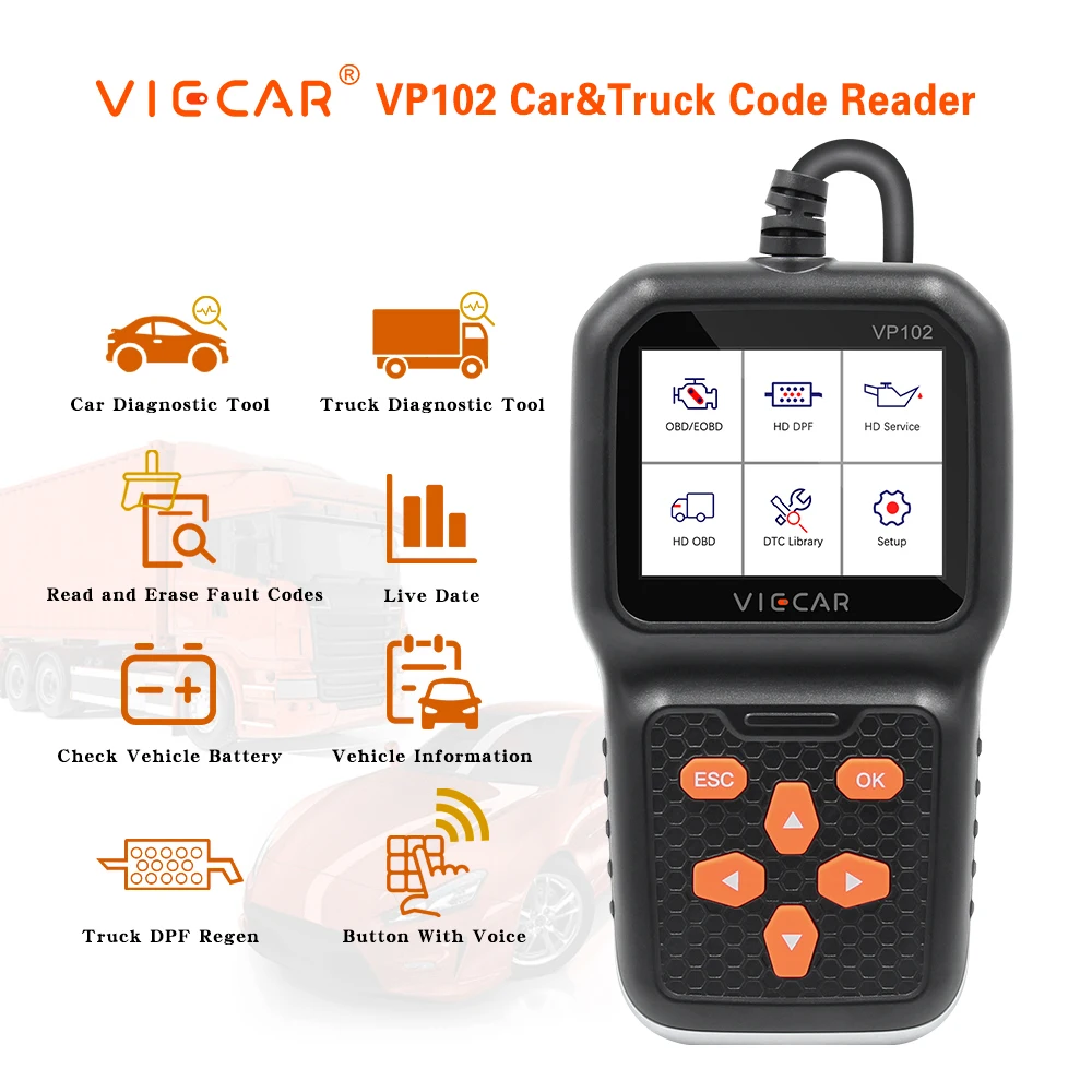 

Viecar VP102 for Car and Truck Scanner 2 In 1 Diagnostic Tool OBD OBD2 Code Reader 12V/24V J1939 J1587 J1708 For Scania HD Truck