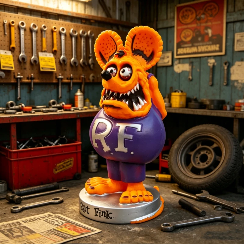 Фото Многоцветная фигурка Rat Fink, культовая фигура в стиле Hot Rod, вдохновленная Эдом Ротом, ретро-украшение для стола/автомобиля, идеальная для коллекции. №4