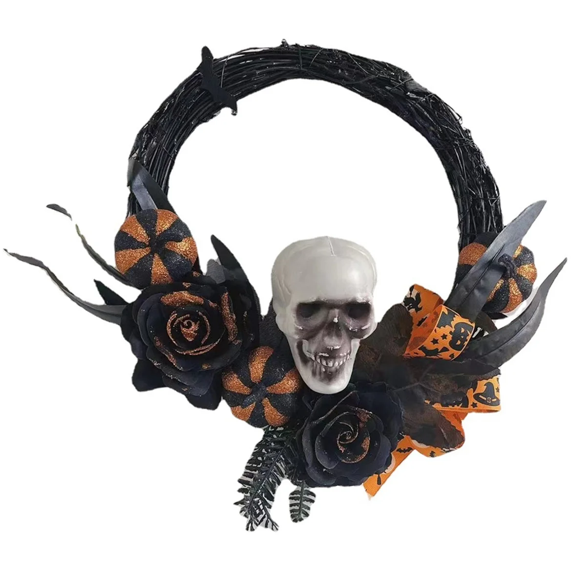 

Halloween Wreath Artificial Skull Wreath Handmade Black Grapevine Wreath with Pumpkin Rose Ribbon Front Door Decorations