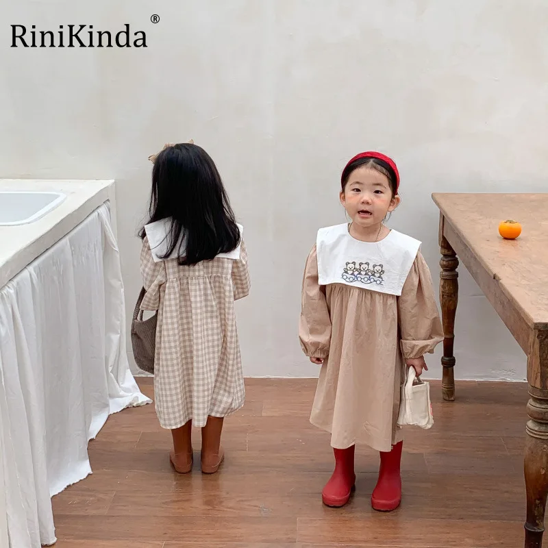 

RiniKinda Girls Clothes Casual Dress Spring 2022 New Korean Cotton Linen Girls Princess Dress Big Turn Down Collar Plaid Dress