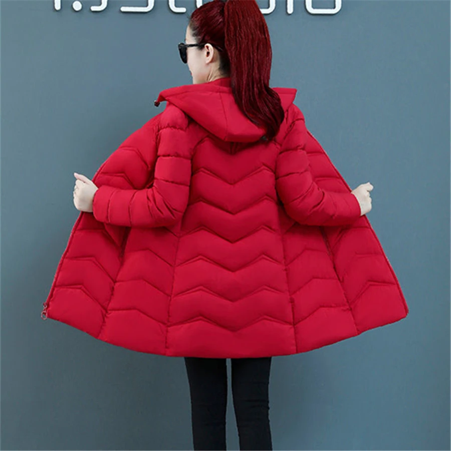 Mid-length Winter Hooded Cotton Padded Solid Coat Women Warm Thick Overcoat Oversized 6XL Slim Outwear Snow Wear Parkas Jackets