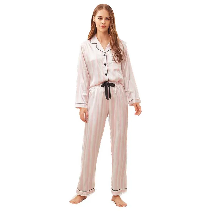Pajamas Sets Printing Striped Cover Long-sleeve Women's Turndown Collar Ice Silk Satin Home Clothing
